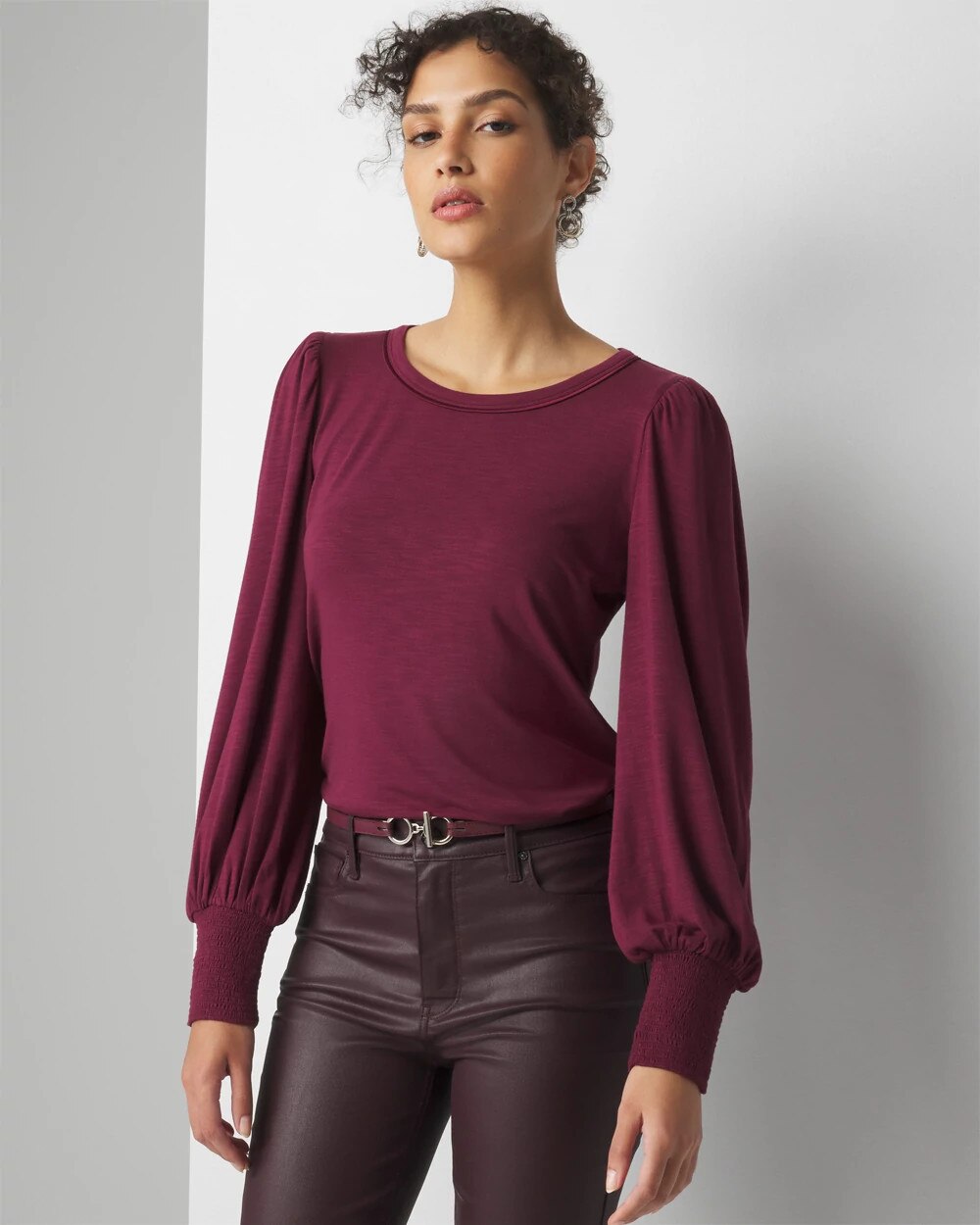 Raspberry Collared Flowy Top with Smock Cuff main image 1